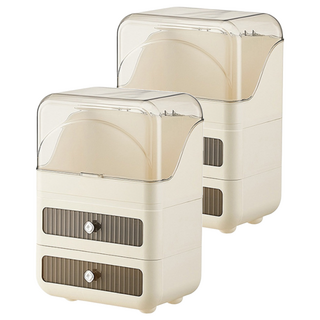 可可蛋白化妝品收納盒 多層大容量設計 快速開蓋, 奶油色, 2個