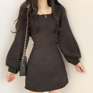 方領收腰顯瘦後綁帶長袖洋裝 長袖上衣, M, 黑色