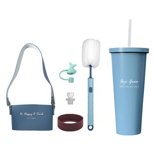 FUJI-GRACE 富士雅麗 陶瓷易潔隨行吸管杯全套組, 灰藍天空, 1組, 710ml