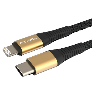POLYWELL 寶利威爾 Type-C Lightning 蘋果PD快充編織線 iPhone PW15-W45-A303, 0.5m, 金色, 1條