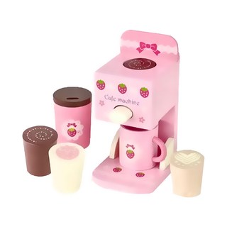 Mother garden 廚具咖啡機組 含咖啡杯、馬克杯、飲品（拿鐵/咖啡/牛奶） 木製玩具, 11 x 23 x 13cm, 粉色, 1組