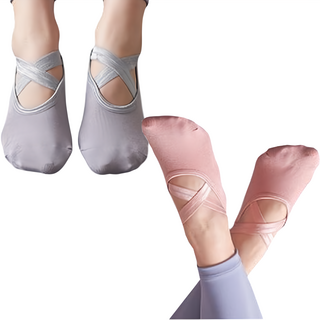 nicofun 愛定做 芭蕾舞鞋防滑瑜伽短襪 女襪 (2雙入) 22~24.5cm, 粉紅色 + 淺灰色