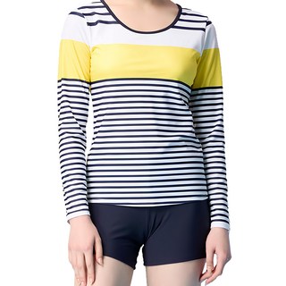 Summer love 夏之戀 大女衝浪裝二件式 長袖上衣+四角褲 附活動式罩杯, 黃色 + 白色 + 藍色