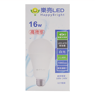 HAPPYBRIGHT 樂亮照明 E27 16W燈泡 高效率 LED A70 球泡燈 白光 1840流明, 1個