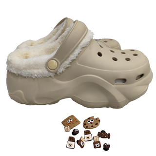 ego life 巧克力配飾柔軟毛絨可拆卸EVA增高厚底拖鞋洞洞鞋, 卡其色, 37~38