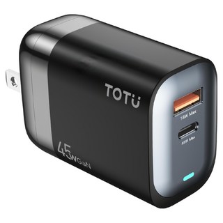 TOTU 拓途 Racing系列 雙孔 Type-C+USB GaN氮化鎵充電器充電頭 45W快充 PD + QC, 黑色, 1個