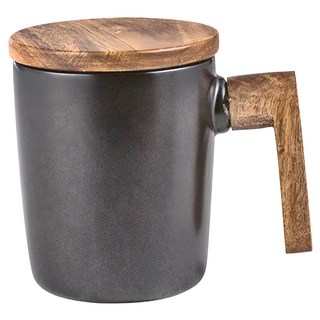 北歐風原木杯蓋陶瓷馬克杯 350ml, 消光黑, 1個