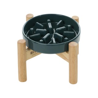 pehom 慢食陶瓷碗/光(木架)s 寵物慢食碗 木架碗 寵物餐具, 藍色, 1組