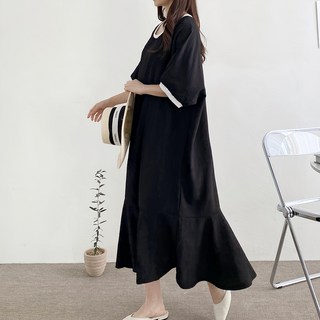 Blue Candy 荷葉邊孕婦連身裙 - 95% 聚酯纖維 5% 彈性纖維 - 韓國製造, F, 黑色