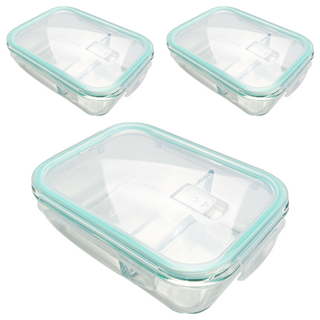 玻璃保鮮盒 長方形雙格, 722g 1040ml, 3個