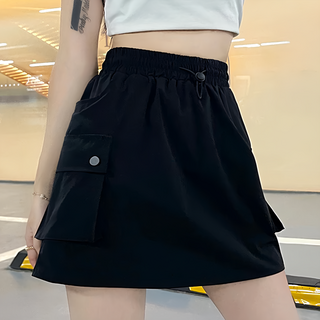 工裝裙 口袋短裙, 鬆緊腰身設計, 棉+聚酯纖維, F號, 黑色
