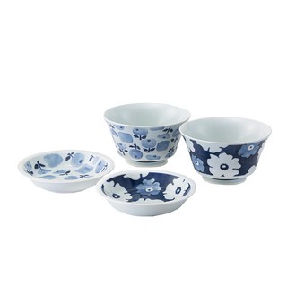 Saikai 西海陶器 波佐見燒 式丼飯碗盤4件組, 藍花紋, 1組, 丼飯碗 2個 + 盤子 2個