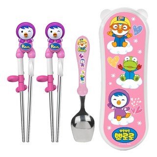 Edison 淘氣小企鵝Petty立體造型不鏽鋼學習餐具組 韓國製, 湯匙+筷子 2雙+盒子, 粉紅色, 1組