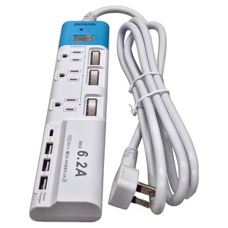 aiwa 愛華 USB 6.2A 家用智能延長線插座, 3個插座孔, 3個USB充電孔, 1個TYPE-C充電孔, 耐高溫防火材質, 白色, 1個