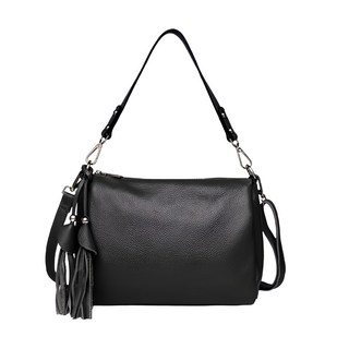 頭層牛皮簡約女士流蘇肩背包 可斜跨/手拿 容量: iPad mini, 28 x 20 x 10cm, 黑色
