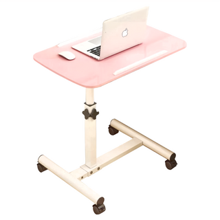 多功能可旋轉升降床邊桌, 桌面升降, 四輪旋轉, 大面積桌板, 簡約時尚風, 粉紅色