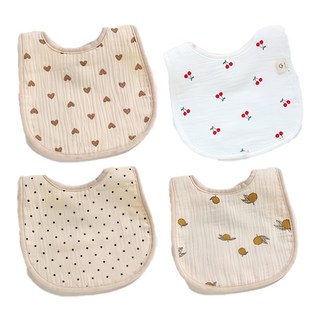 LuxuryBaby 6層泡泡紗布圍兜 基本款 A套組, 4件, 1組, 愛心+櫻桃+圓點+檸檬