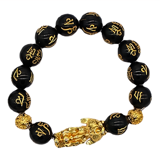 開運招財貔貅手鍊，仿黑曜石，六字真言，聚財護身, 1條