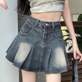 復古A字百褶牛仔短裙, 附安全褲和口袋, S(31cm), 復古藍