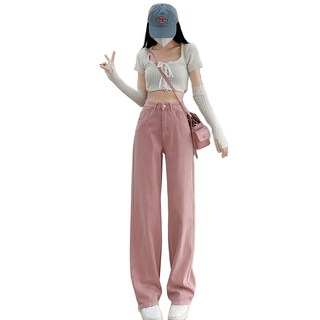 HL885 顯瘦直筒牛仔寬褲, S, 粉色