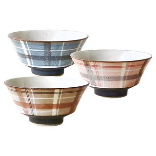 AWASAKA 粟坂 RACHE格紋碗3件組 直徑180x90mm 陶瓷碗, 藍色 + 棕色 + 粉色, 1組