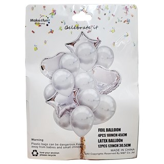 乳膠+鋁箔氣球16件組 含4個 (18英吋/45公分) 及12個 (12英吋/30.5公分), 銀色, 1組