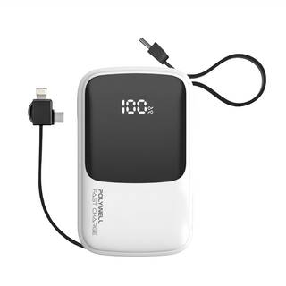 POLYWELL 行動電源10000mAh 內建充電線 數位顯示 多接口輸出, PW15-T16-A005, 白色