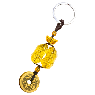 雙貔貅元寶 招財五帝錢鑰匙圈 黃琉璃, DST-1075, 1個