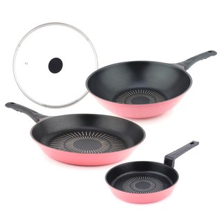 Kitchen-Art 鑽石不沾鍋組 4入, 平底鍋28cm + 炒鍋 28cm + 煎蛋鍋16cm + 玻璃鍋蓋28cm, 粉色, 1組