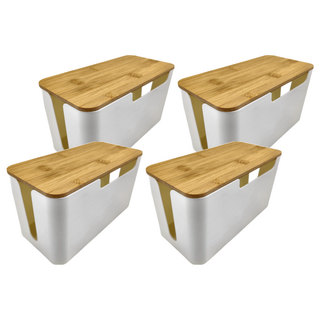 木蓋電線收納盒 時尚集線盒 ABS+竹板材質 收納大容量, 白色 + 原木色, 4個