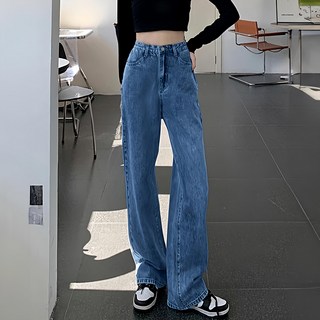 高腰素面直筒牛仔寬褲, S, 深藍