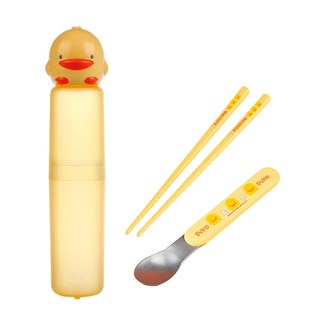 PiYOPiYO 黃色小鴨 匙筷造型組 學習筷 安全材質, 筷子 1雙 + 湯匙 1支 + 收納盒 1個, 黃色, 1組