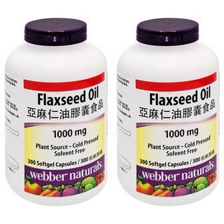 Webber Naturals 亞麻仁油膠囊食品 1000mg 300顆 Omega-3脂肪酸 冷壓萃取, 1.5g, 2罐