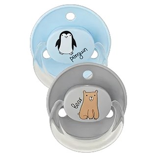 BABYNOVA 矽膠圓頭安撫奶嘴2入組, 0~24個月, 灰小熊 + 藍企鵝, 1套