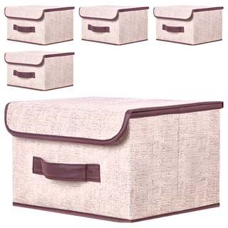 布藝摺疊收納箱 Set, 米色, 大號（36x24x24cm）, 5個
