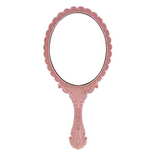 復古花紋手持化妝鏡 高清成像 防滑設計 手柄帶孔設計 可懸掛收納, 粉色, 1個