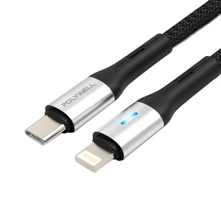 POLYWELL 寶利威爾 Type-C To Lightning LED PD編織快充線 適用iPhone PW15-W45-A330, 2m, 1條