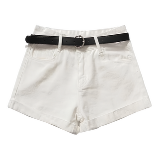 葉子小舖 高腰牛仔短褲 附腰帶 棉+聚酯纖維, M, 白色