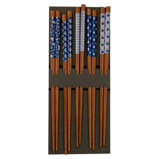 SUNLIFE 日製天然竹製筷子 藍色花紋設計 精美典雅 炭竹材質 耐用易清潔 環保無毒, 竹個紋, 筷子5雙, 1組