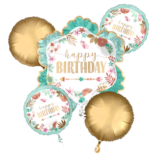 生日氣球 5件組, 花草系 金色 + 綠色 + 白色, 1組