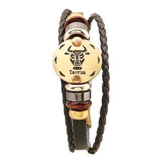 頭層牛皮編織搭合金手環, 金牛座, 20.5~21 x 1cm