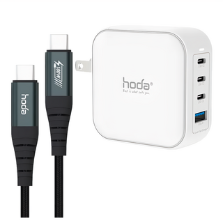 HODA 好貼 GaN氮化鎵100W智慧方型四孔電源供應器附充電線, 白色, 1組