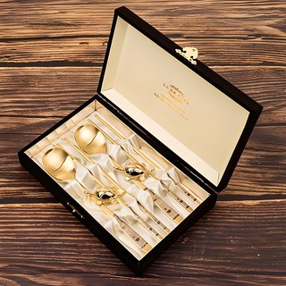 Willive 四君子黃金高級湯筷2人禮盒組, 套裝包含湯匙 + 筷子+ 湯匙架, 1套, 金子