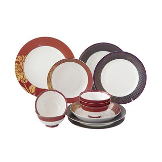 JUSTHOME H繁華盛世骨瓷餐具組, 紅色 + 深棕色, 5個4.5吋飯碗 + 2個8.75吋平盤 + 2個9吋湯盤 + 10.5吋平盤 + 2個7.5吋飯盤, 1組
