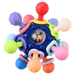 OhBabyLaugh 多型態啃咬點設計 發展寶寶手部精細動作, 造型原子手抓球 附收納盒, 深藍色, 1個