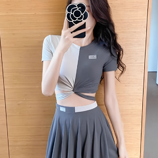 交叉短袖分體褲裙套裝, XL, 黑白相間