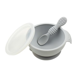 BUMKiNS 寶寶白金矽膠餐碗組 100%白金矽膠, 碗 + 湯匙, 灰色, 1組