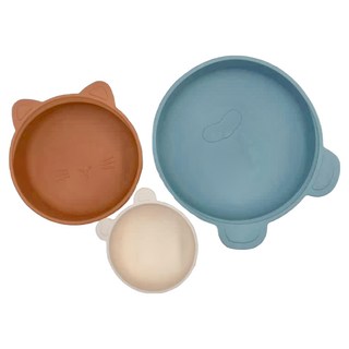 genki bebi 元氣寶寶 鉑金矽膠造型卡通碗3件組 100% Silica gel 環保材質 適用6個月以上, 大碗 + 中碗 + 小碗, 藍色 + 褐色 + 白色, 1組