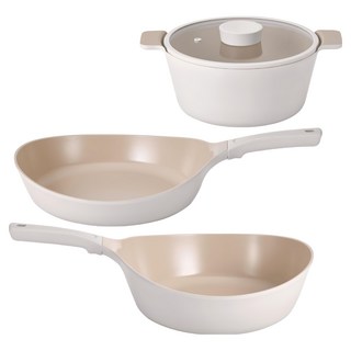 NEOFLAM 台灣原廠公司貨 VULCAN系列 電磁爐適用陶瓷塗層鑄造鍋3件組, 1套, 白色, 炒鍋 + 平底鍋 + 雙耳湯鍋