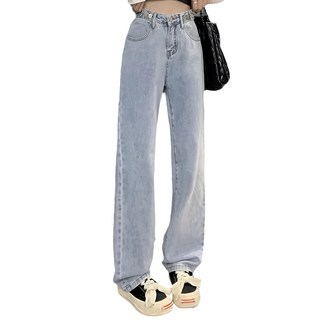 HL604 高腰直筒牛仔寬褲 L, 藍色